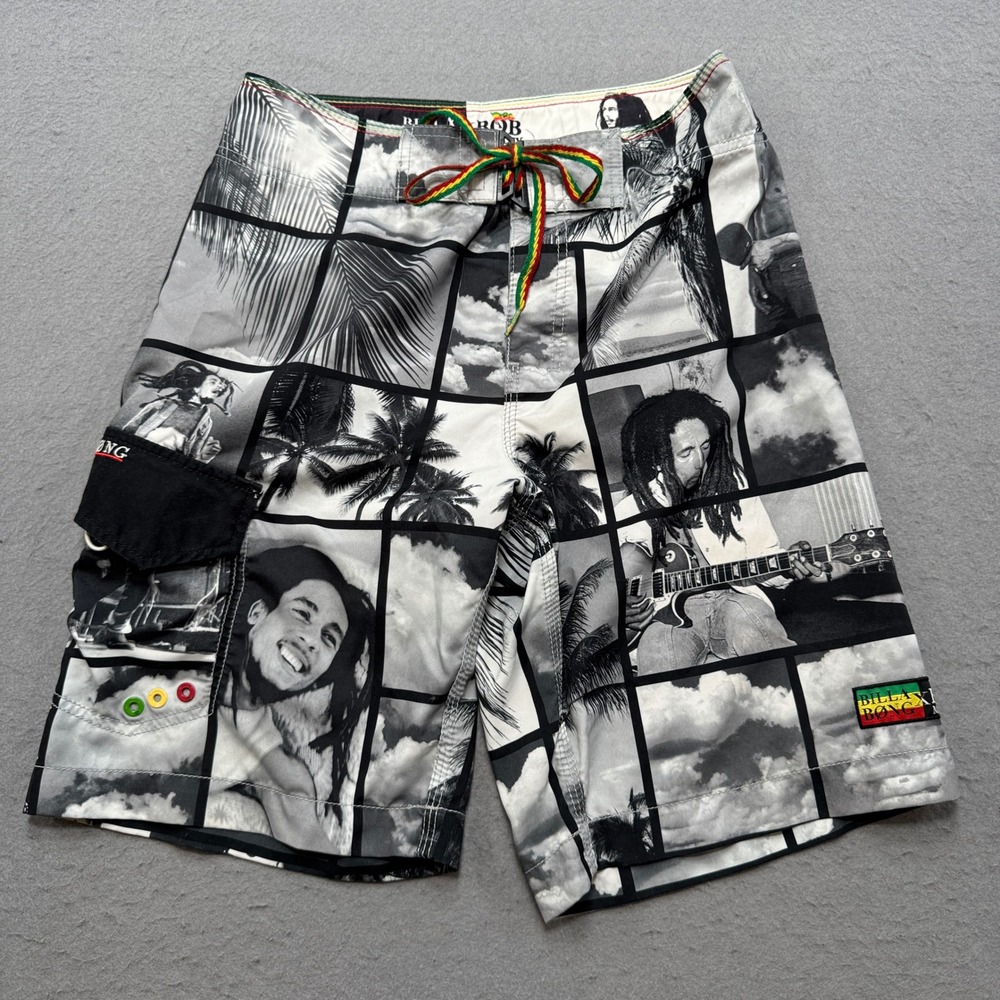 Billabong x Bob Marley Board Shorts Men's 30 White Graphic Checkered Surfer